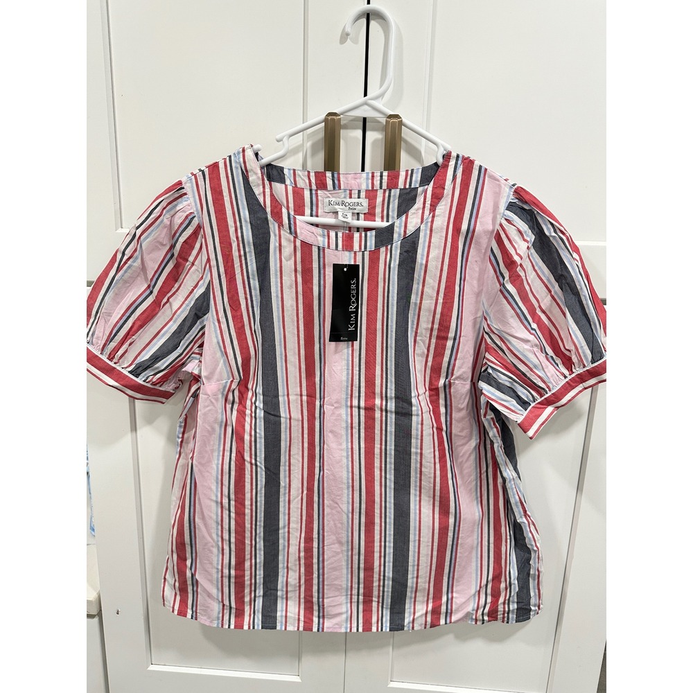 Kim Rogers Striped Puff Sleeve Top Blouse Red White Blue Petite‎ Medium